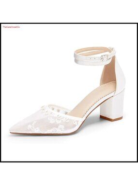 Womens Pearl Chunky Heel Satin Pumps Pointed Toe Ankle Strap Wedding Shoes